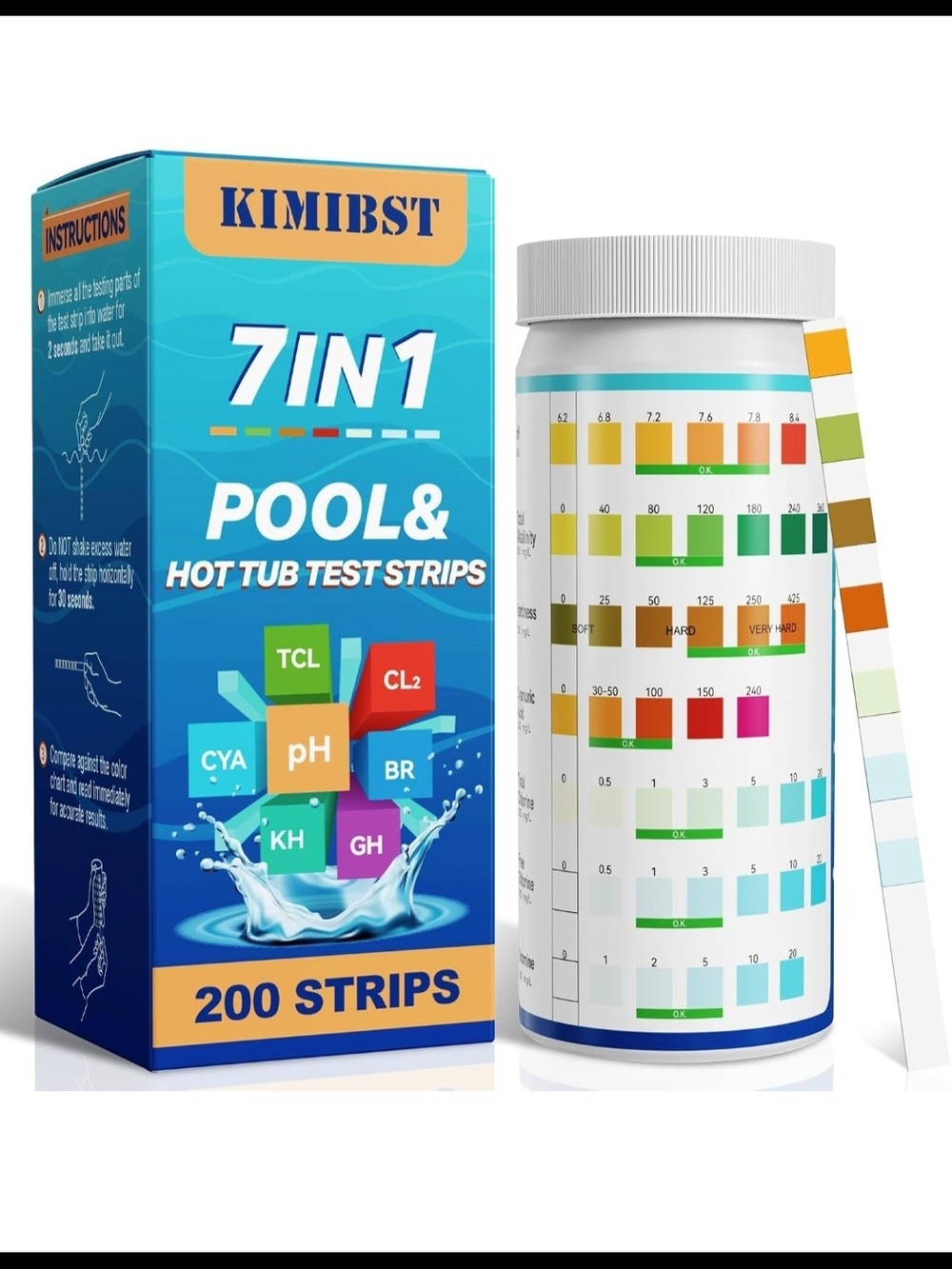 Pool Test Strips: 200CT 7-Way Professional Hot Tub & Spa Test Kit for Bromine pH